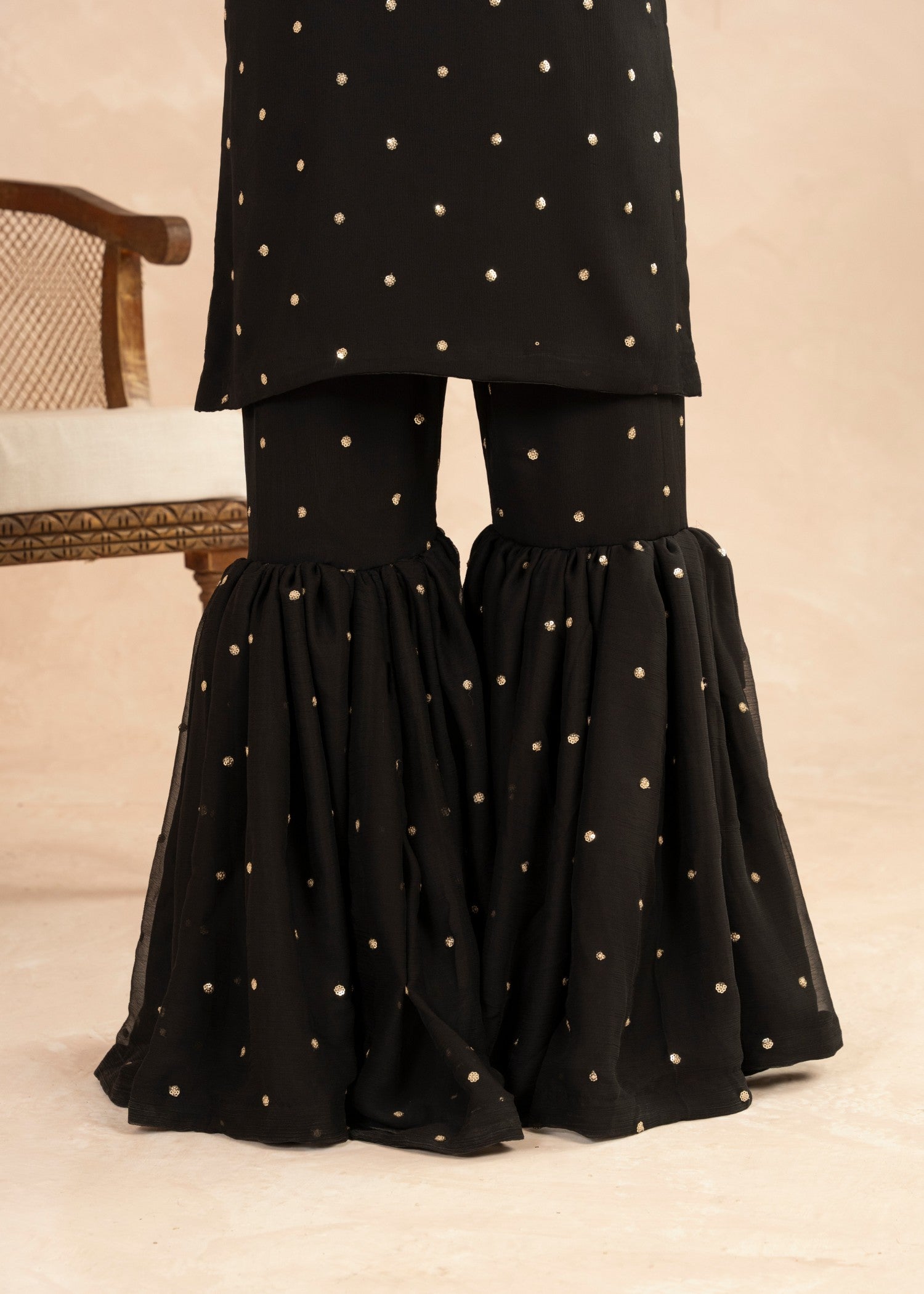 Black Sequin Embroidered Chiffon Gharara (3-Piece) - Image 8