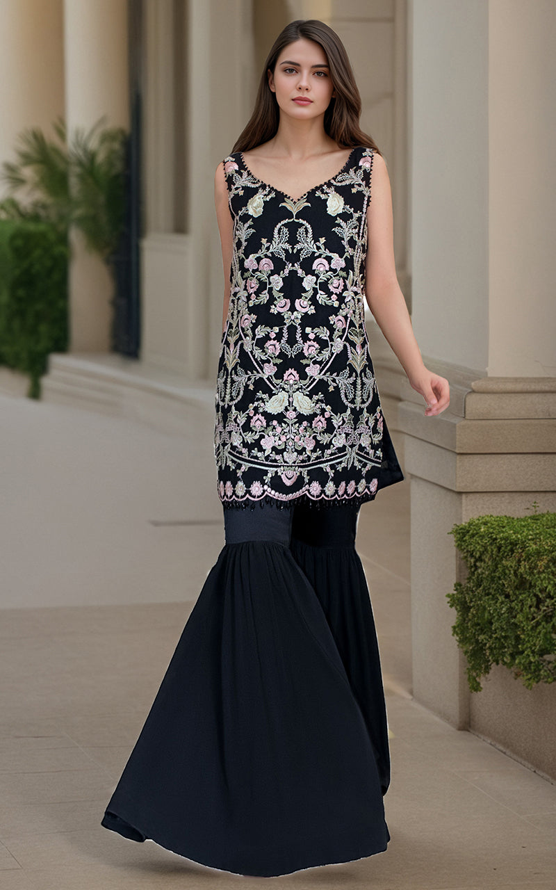 Black Embroidered Chiffon Gharara Set (2-Piece) - Image 1
