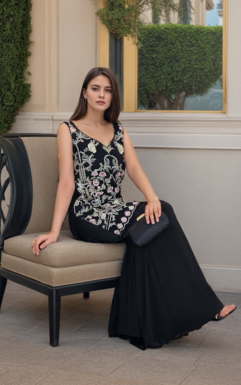 Black Embroidered Chiffon Gharara Set (2-Piece) - Image 3