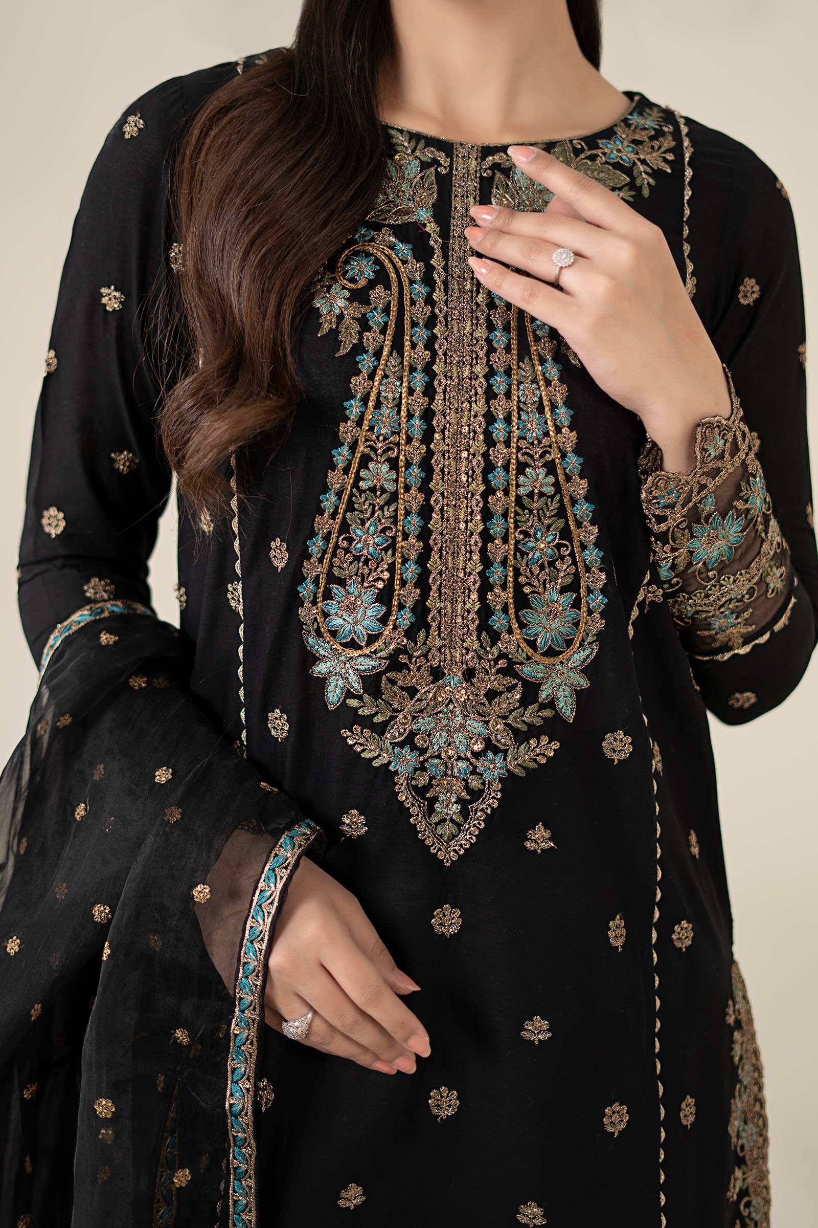Black Embroidered Lawn Short Shirt Gharara (3-Piece) - Image 2