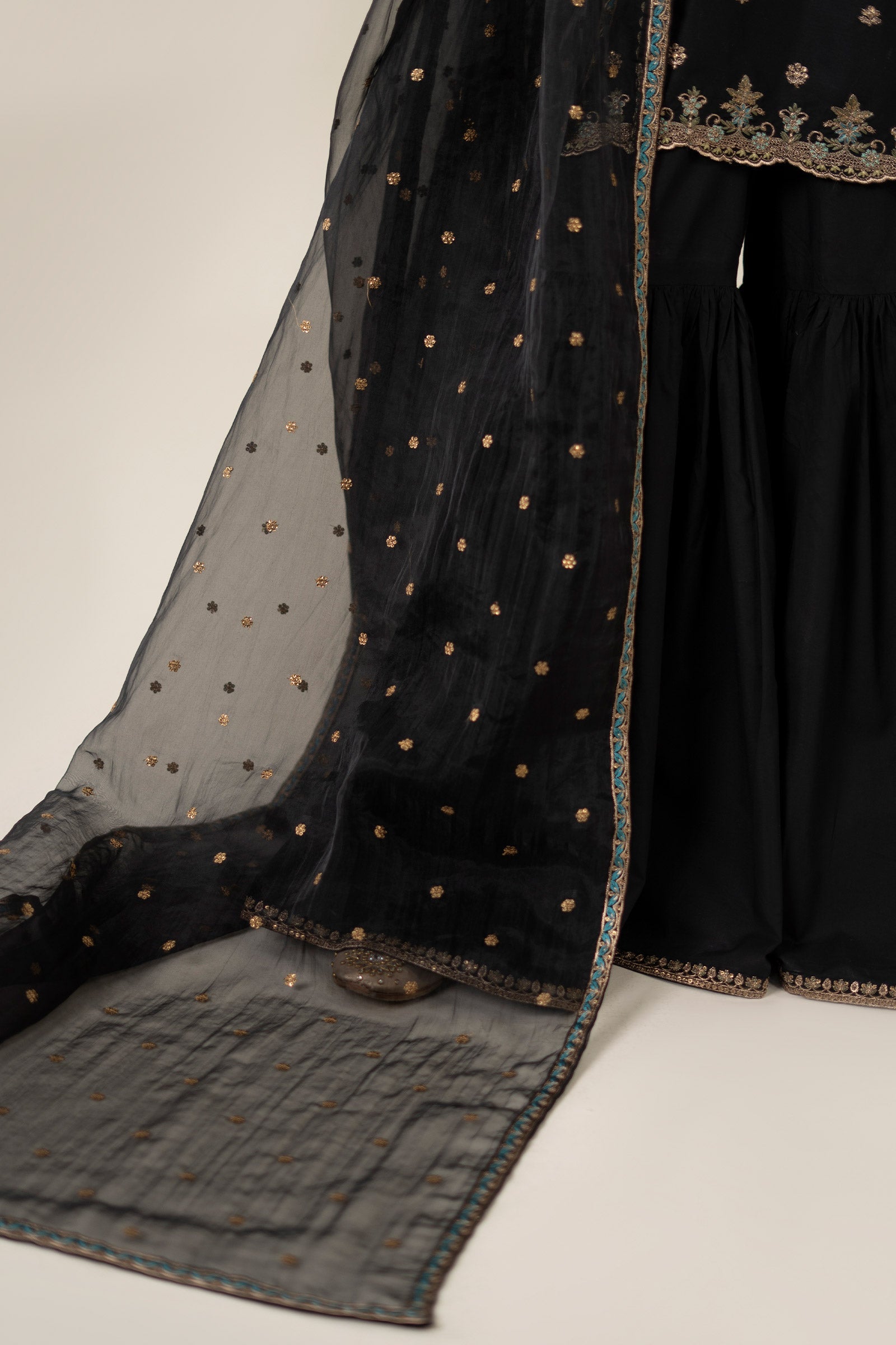 Black Embroidered Lawn Short Shirt Gharara (3-Piece) - Image 4