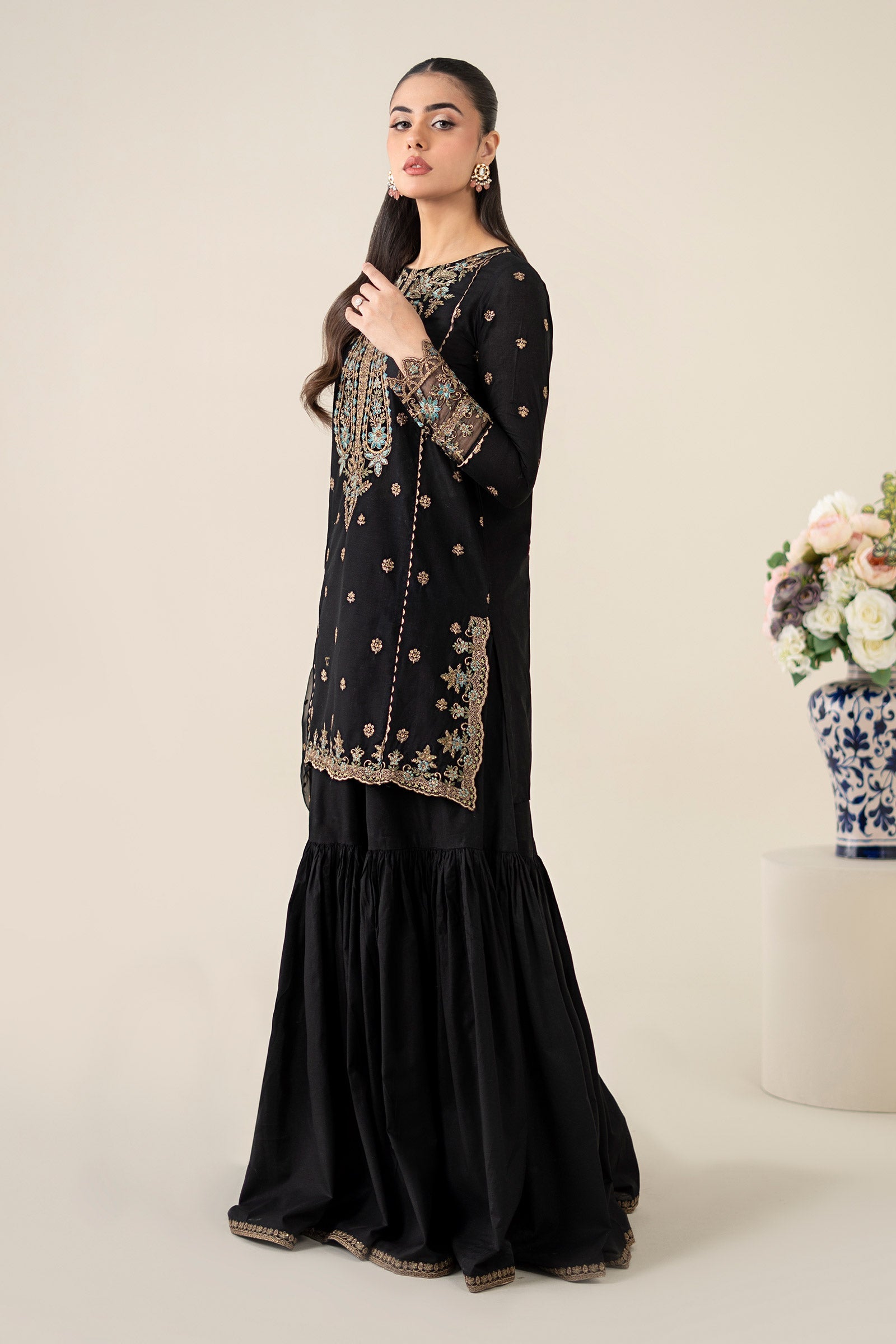 Black Embroidered Lawn Short Shirt Gharara (3-Piece) - Image 5