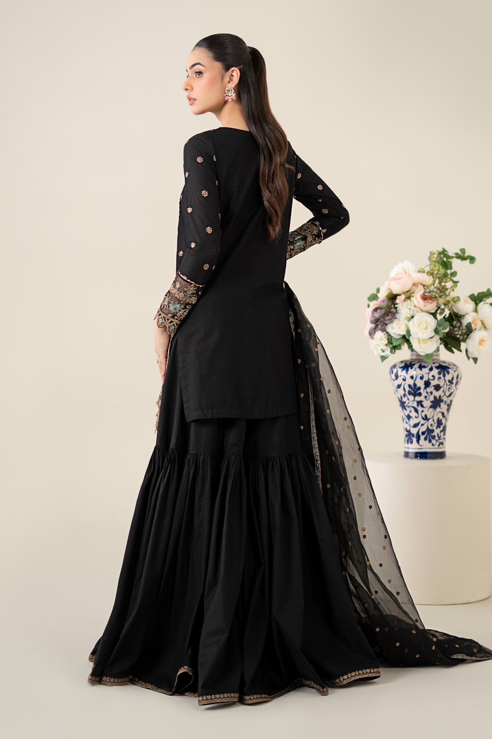 Black Embroidered Lawn Short Shirt Gharara (3-Piece) - Image 6
