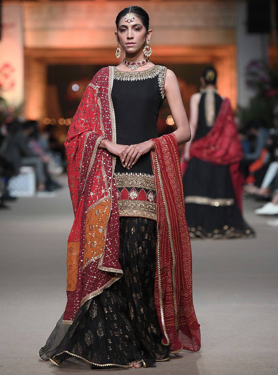 Pakistani Black Embellished Raw Silk Gharara (3-Piece) - Image 2