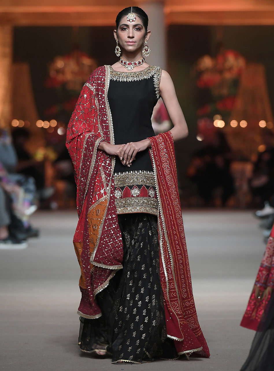 Black Embroidered Raw Silk Gharara (3-Piece) - Image 1