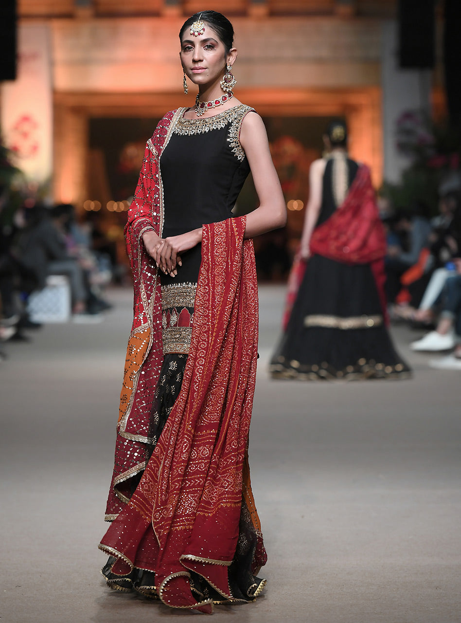 Black Embroidered Raw Silk Gharara (3-Piece) - Image 3
