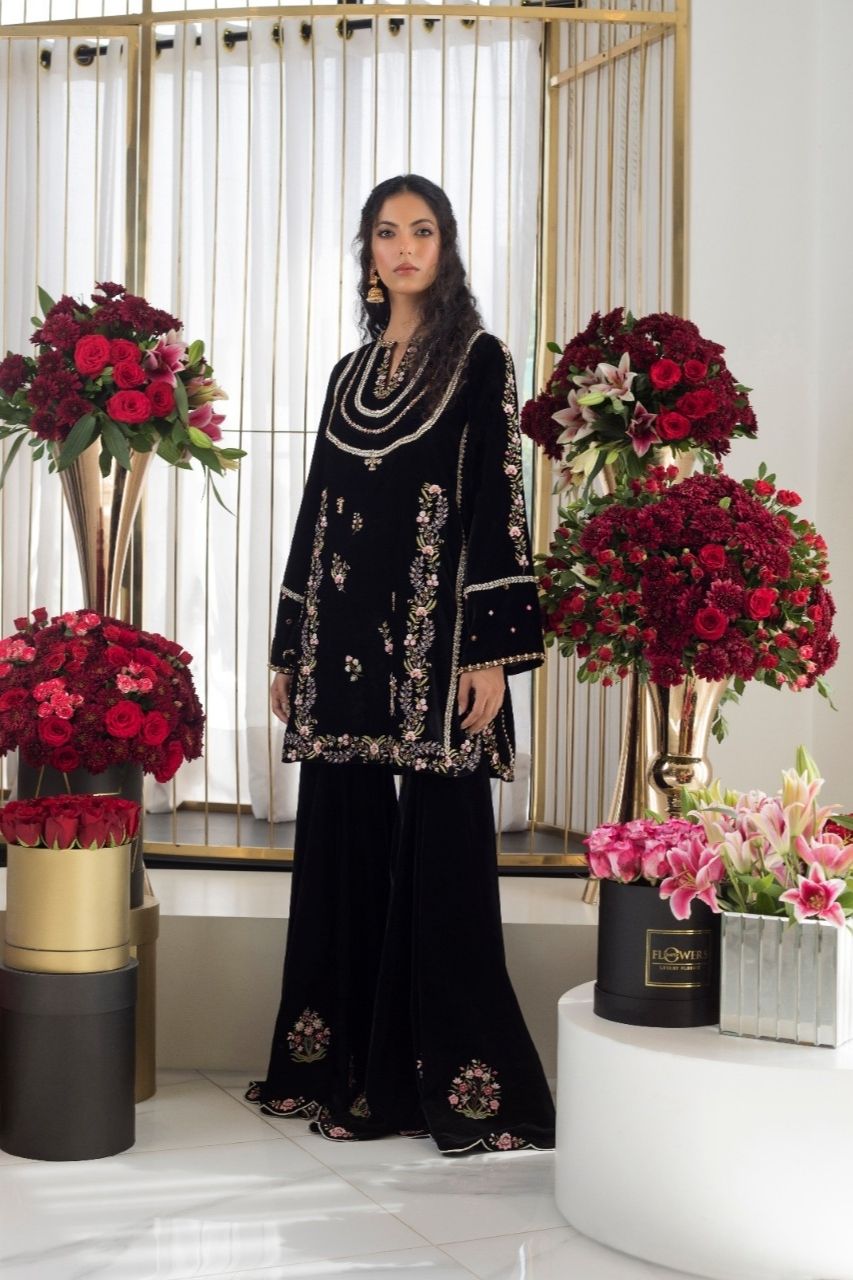 Black Embroidered Velvet Gharara Set (2-Piece) - Image 1