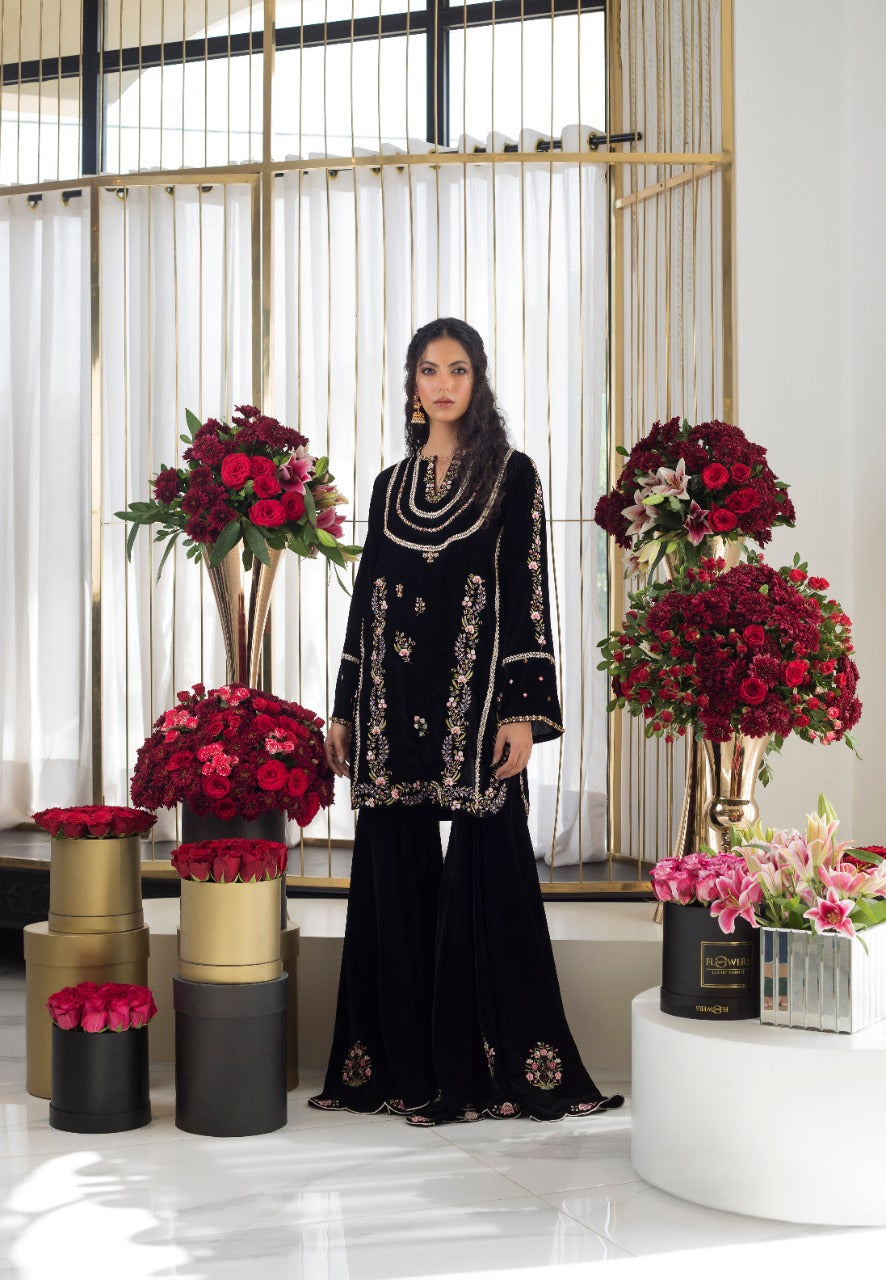 Black Embroidered Velvet Gharara Set (2-Piece) - Image 2