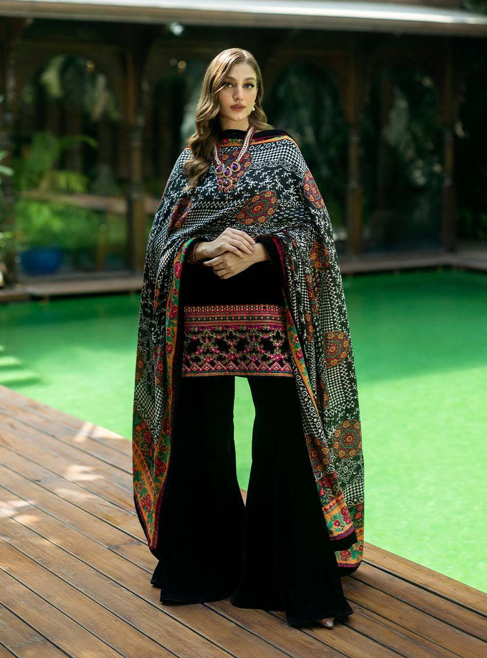 Onyx Black Embroidered Velvet Gharara (3-Piece) - Image 2