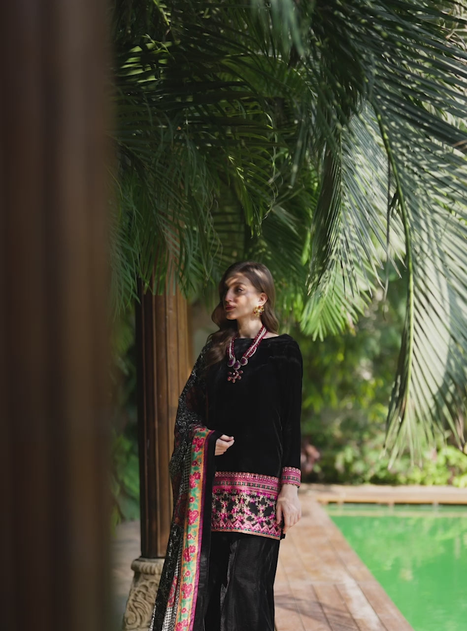 Onyx Black Embroidered Velvet Gharara (3-Piece) - Image 5
