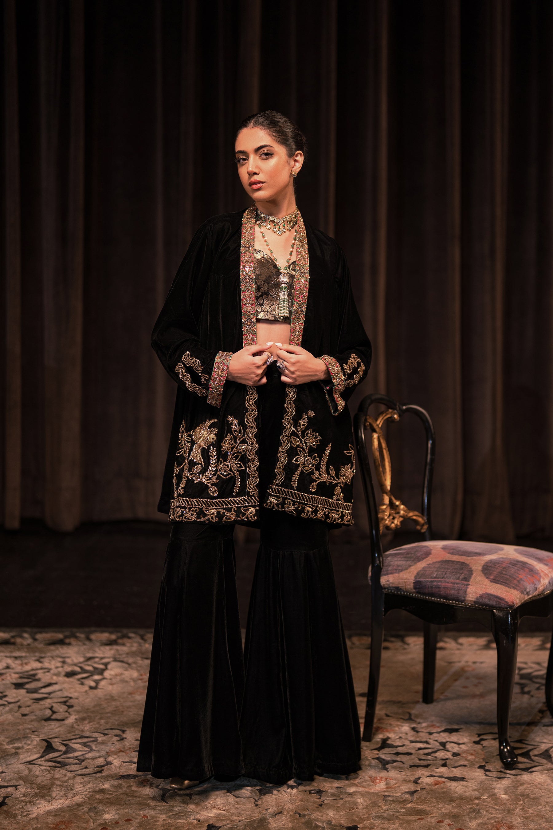 Pakistani Black Zardozi Velvet & Jamawar Gharara (3-Piece) - Image 1