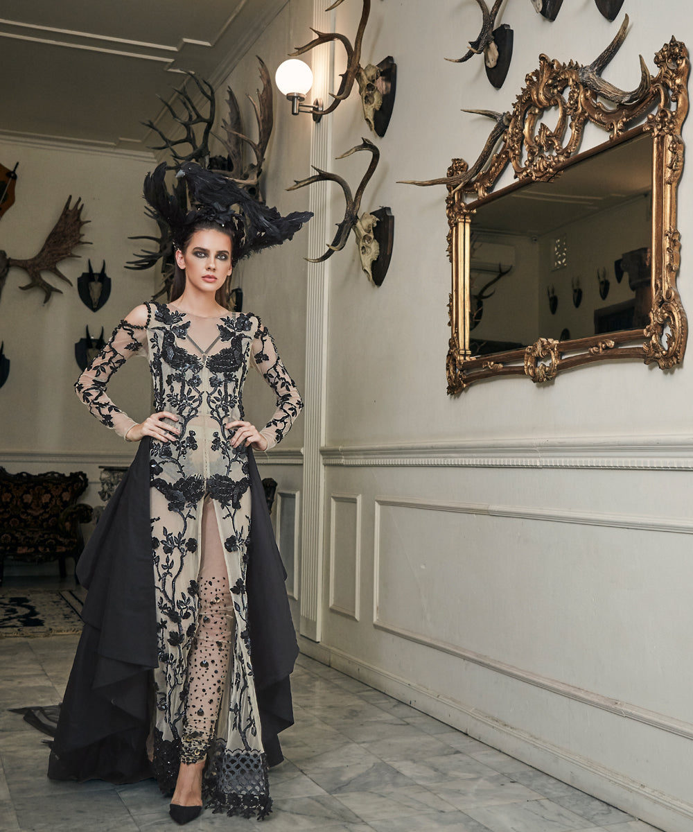 Black Hand-Embroidered Net High-Low Gown (2-Piece) - Image 1