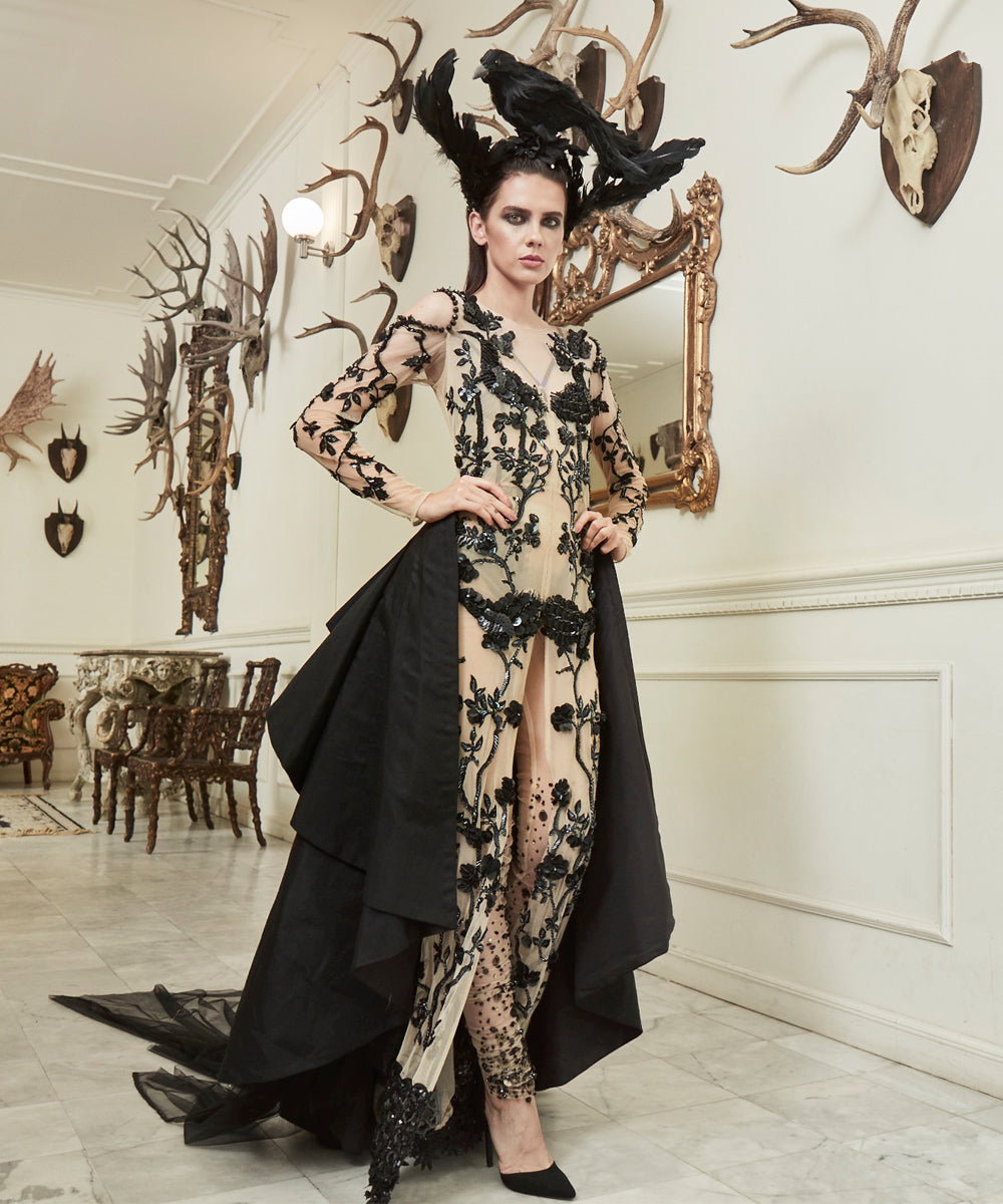 Black Hand-Embroidered Net High-Low Gown (2-Piece) - Image 2