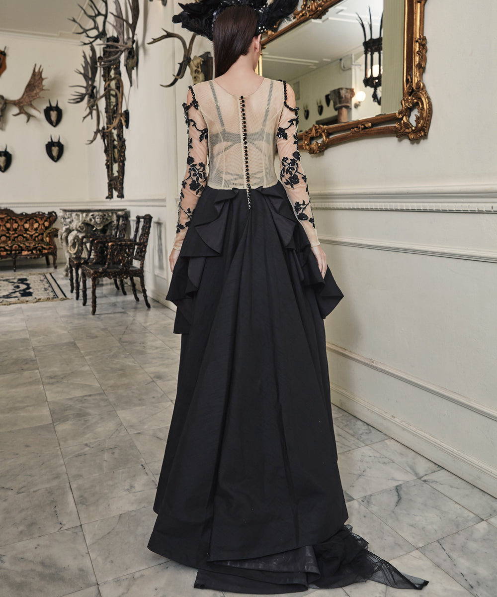 Black Hand-Embroidered Net High-Low Gown (2-Piece) - Image 3
