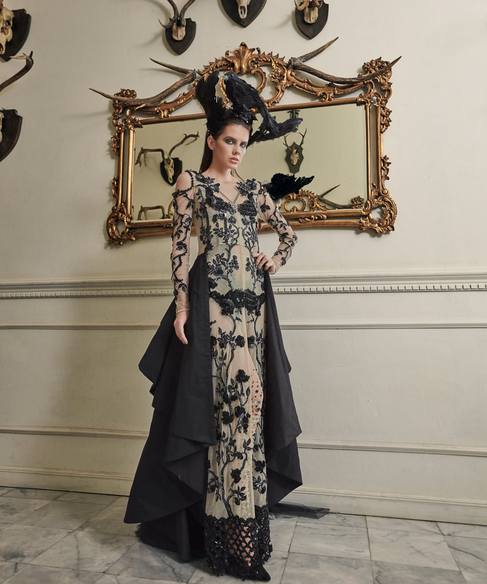 Black Hand-Embroidered Net High-Low Gown (2-Piece) - Image 4