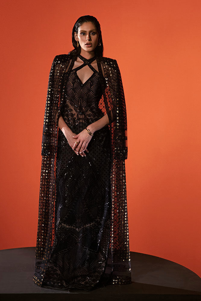 Black Hand-Embellished Sequin Net Gown (2-Piece) - Image 1