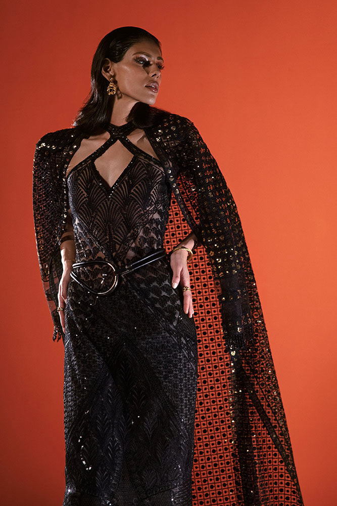 Black Hand-Embellished Sequin Net Gown (2-Piece) - Image 2