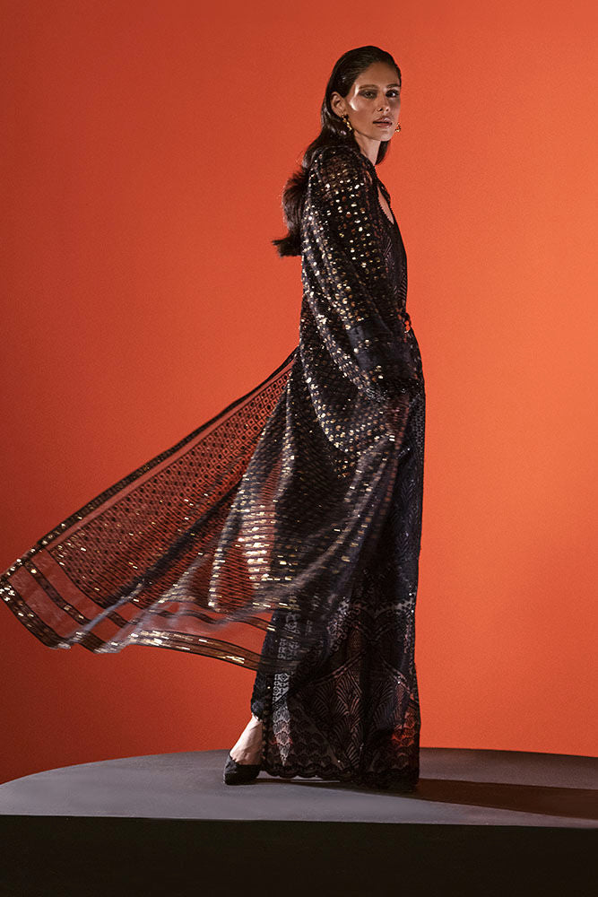 Black Hand-Embellished Sequin Net Gown (2-Piece) - Image 3