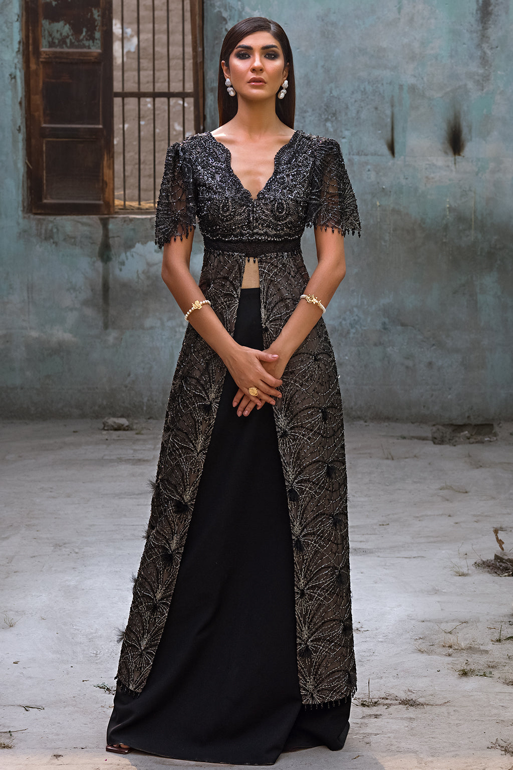 Black Embellished Net Jacket Gown (1-Pc) - Image 1