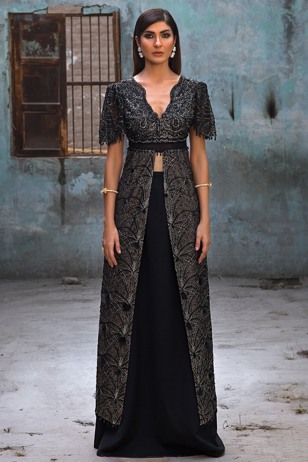 Black Embellished Net Jacket Gown (1-Pc) - Image 2