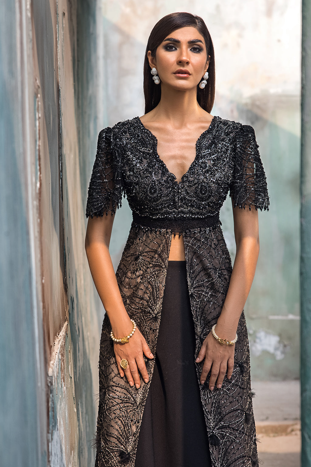 Black Embellished Net Jacket Gown (1-Pc) - Image 3