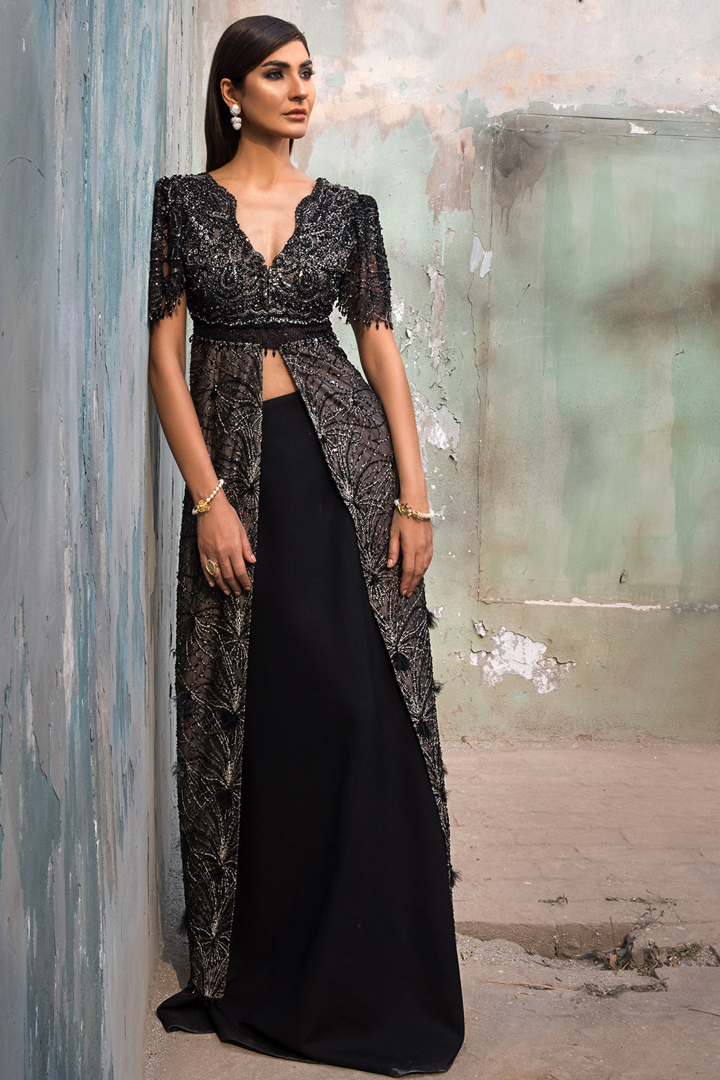 Black Embellished Net Jacket Gown (1-Pc) - Image 6