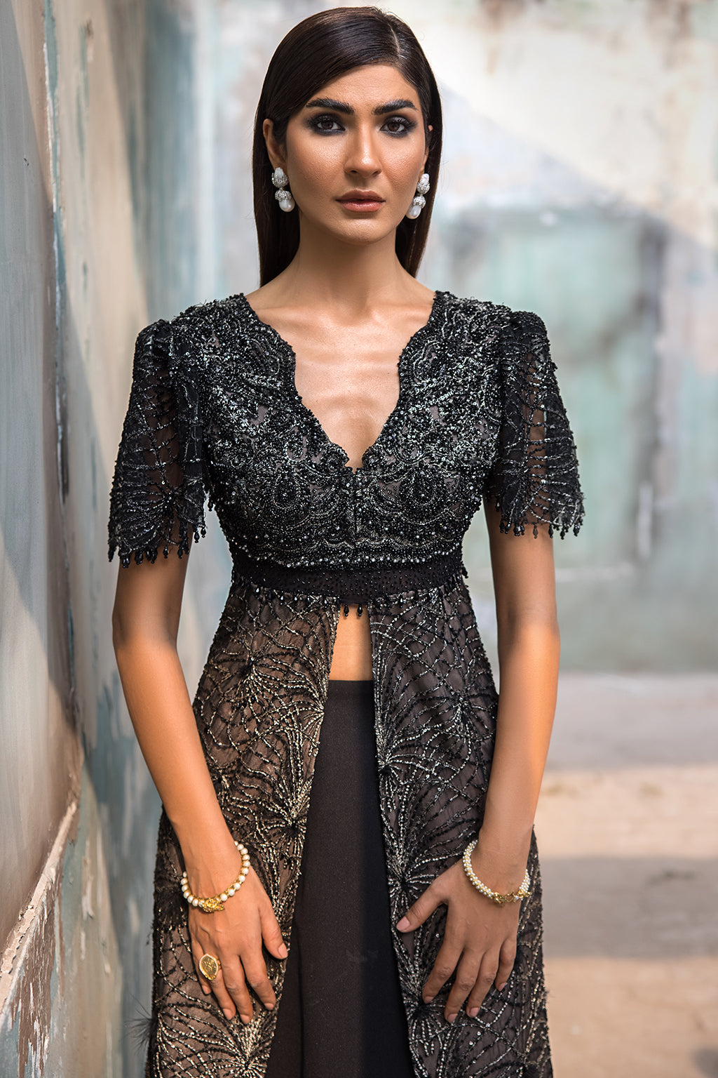 Black Embellished Net Jacket Gown (1-Pc) - Image 7