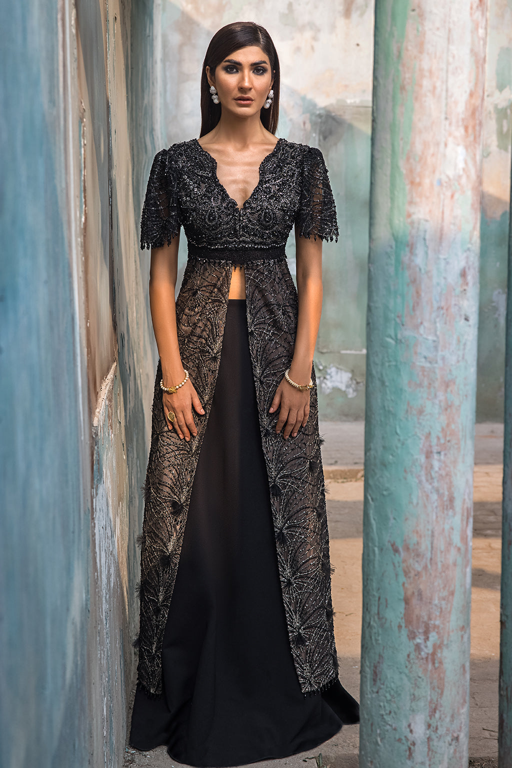 Black Embellished Net Jacket Gown (1-Pc) - Image 8