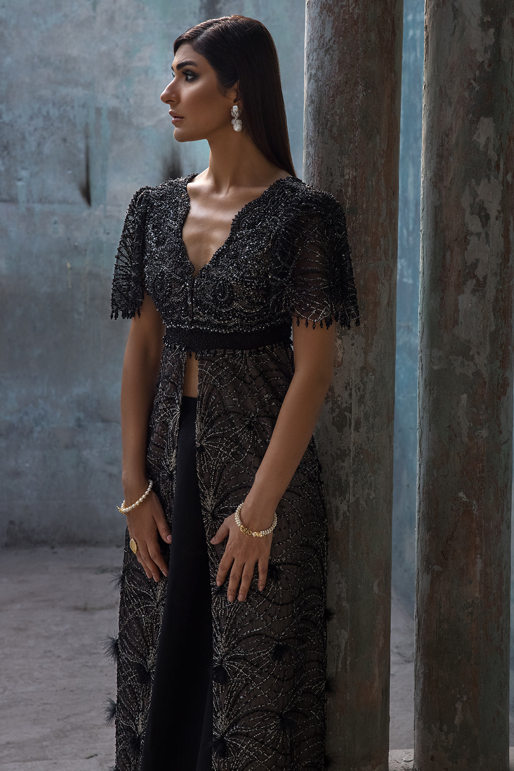 Black Embellished Net Jacket Gown (1-Pc) - Image 9