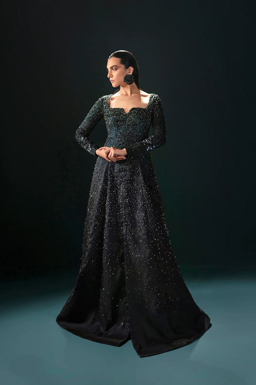 Black Sequin Organza Gown with Silk Pants (2-Piece) - Image 1