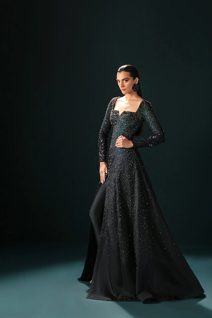 Black Sequin Organza Gown with Silk Pants (2-Piece) - Image 2