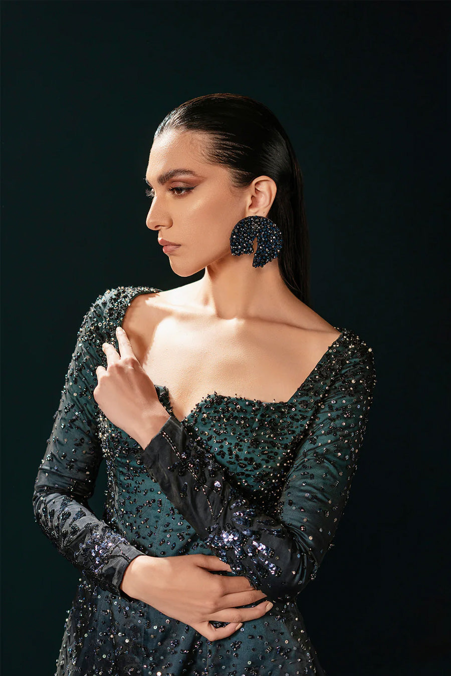 Black Sequin Organza Gown with Silk Pants (2-Piece) - Image 4