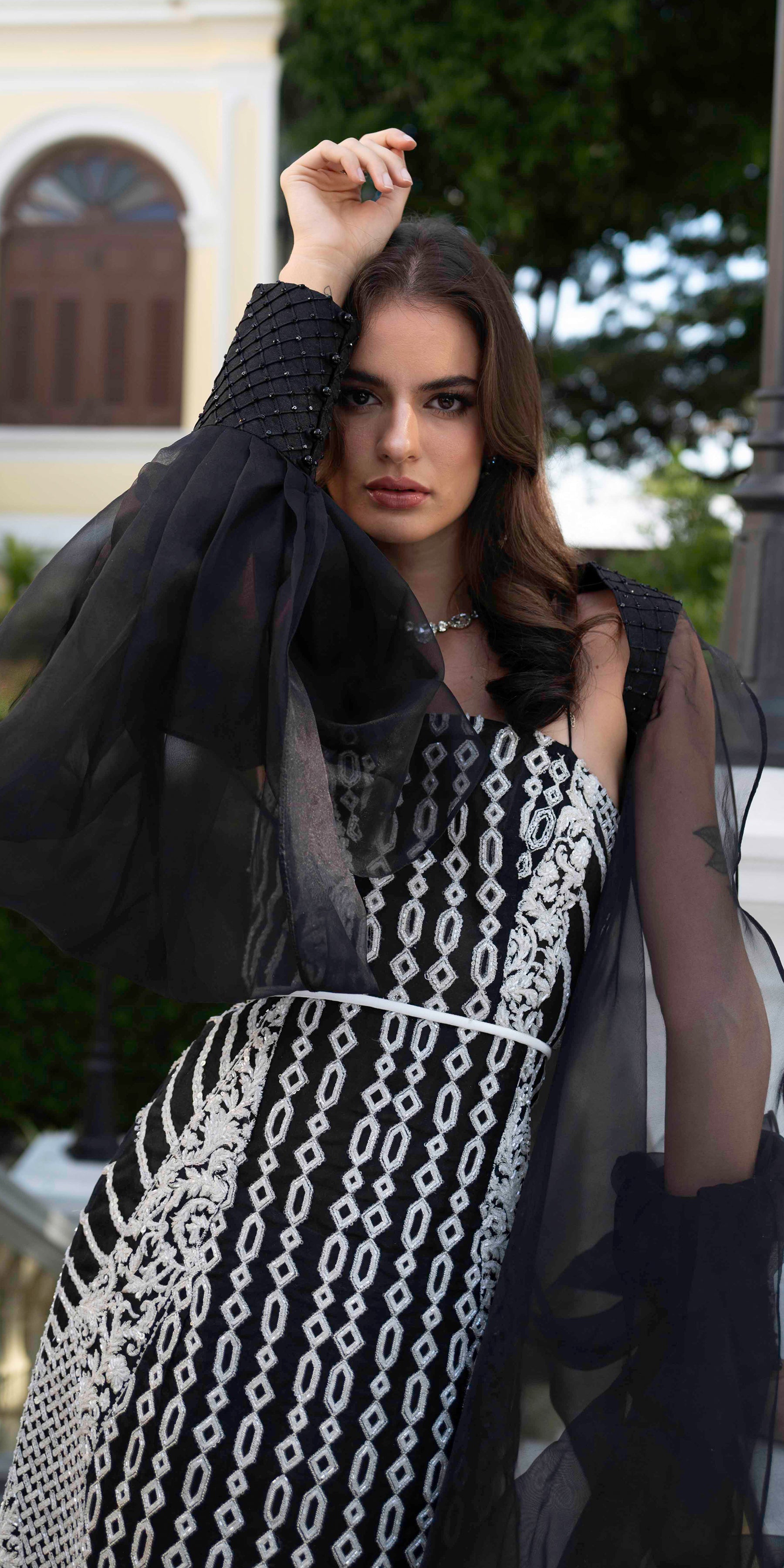 Black Embroidered Organza Gown (1-Pc) - Image 5