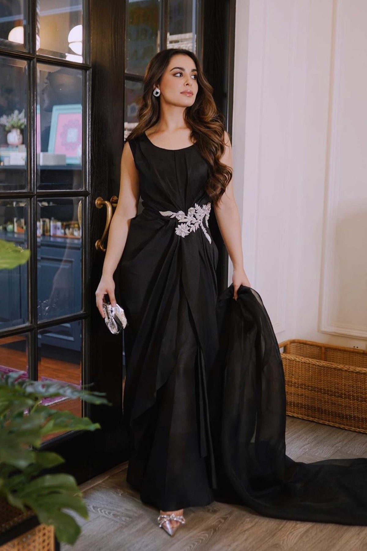 Pakistani Black Crystal Zardozi Organza Gown (3-Piece) - Image 1