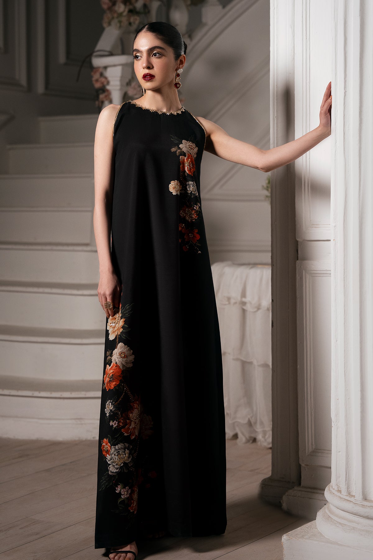 Pakistani Black Hand-Embellished Printed Raw Silk Gown (1-Pc) - Image 1