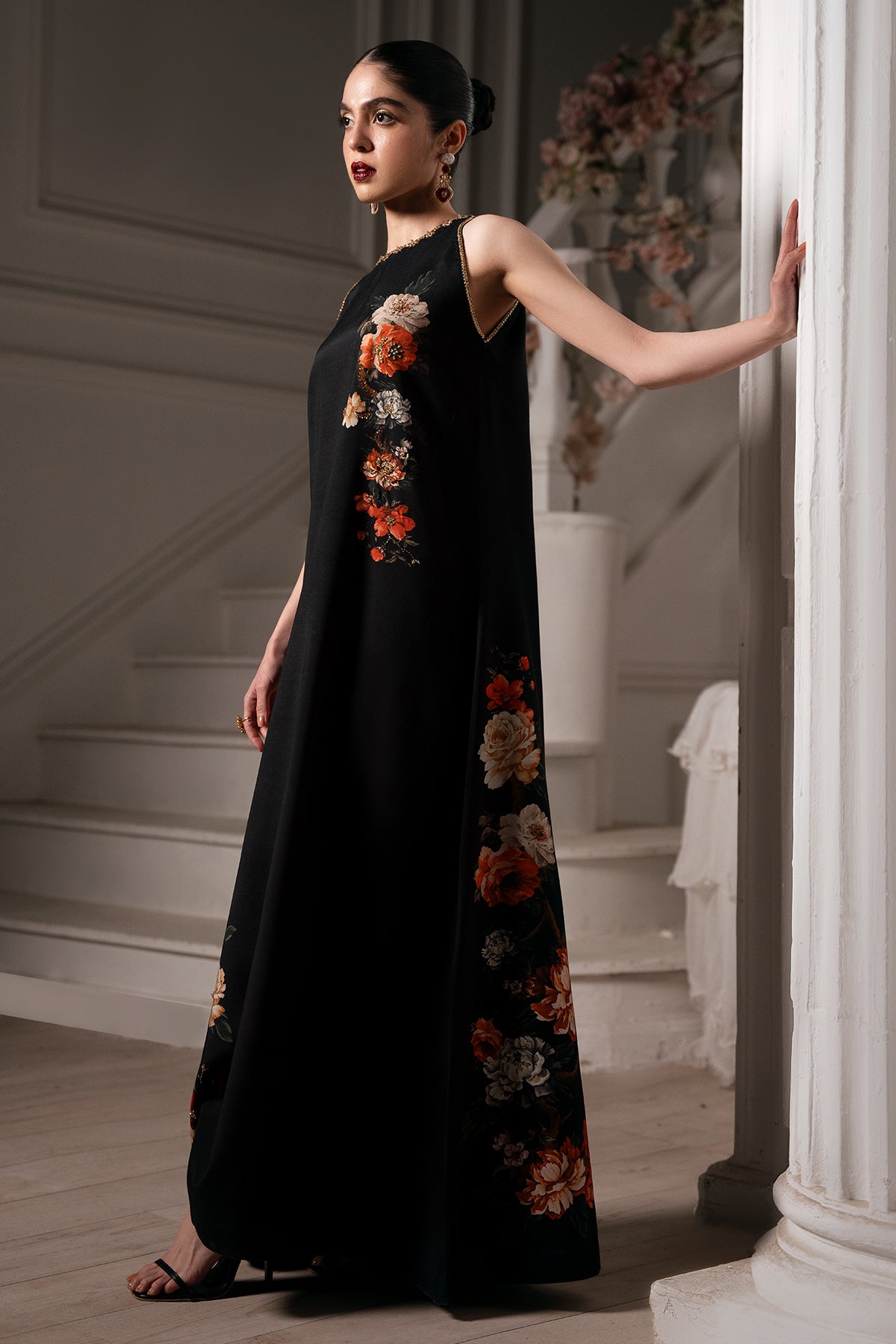 Pakistani Black Hand-Embellished Printed Raw Silk Gown (1-Pc) - Image 3