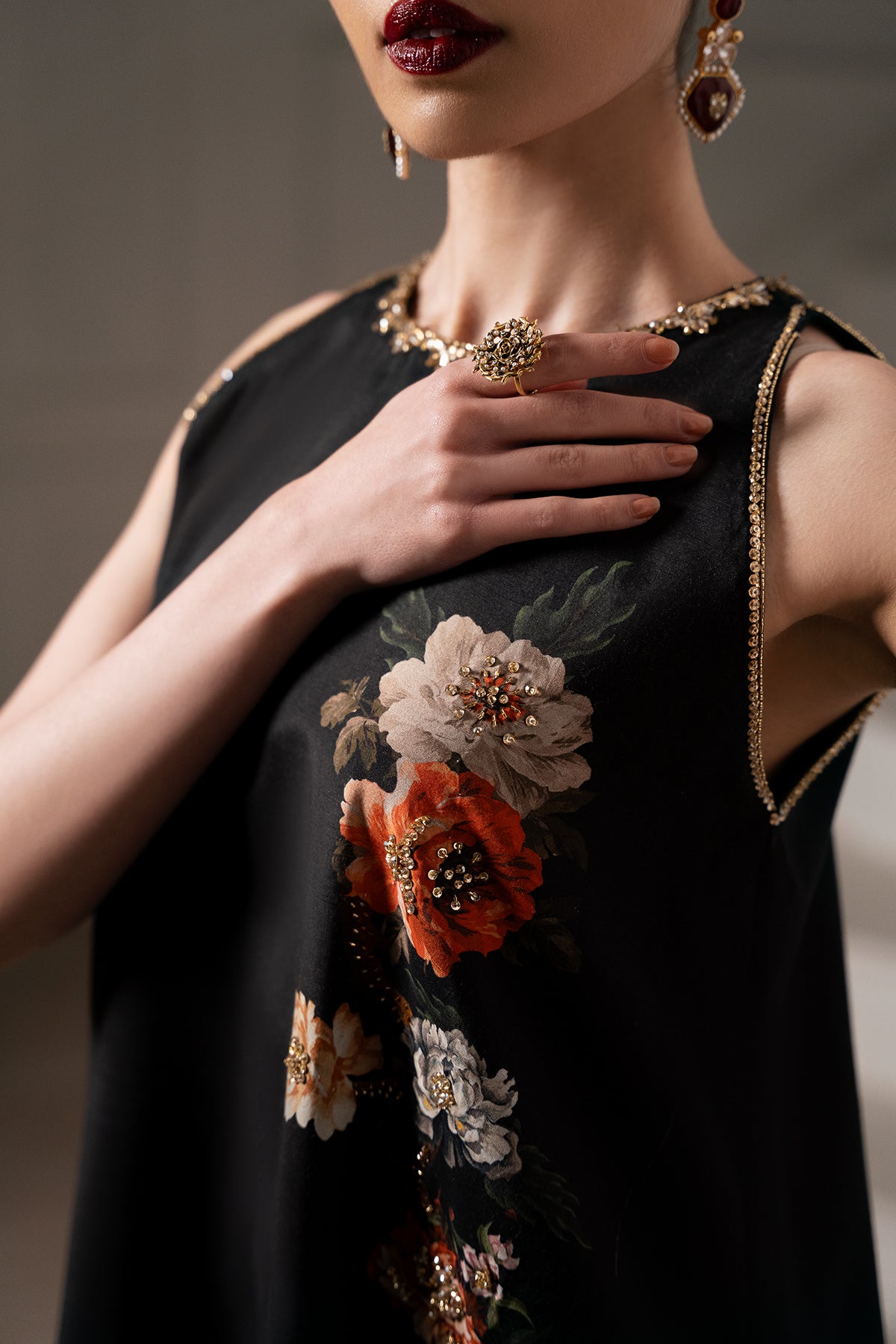 Pakistani Black Hand-Embellished Printed Raw Silk Gown (1-Pc) - Image 5