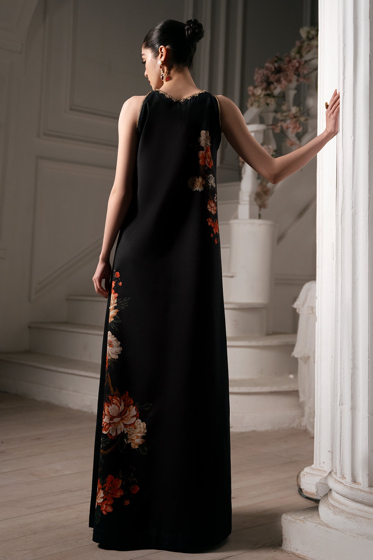 Pakistani Black Hand-Embellished Printed Raw Silk Gown (1-Pc) - Image 6