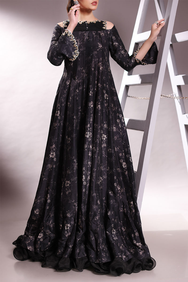 Pakistani Black Handworked Korean Raw Silk Flared Gown (1-Pc) - Image 1