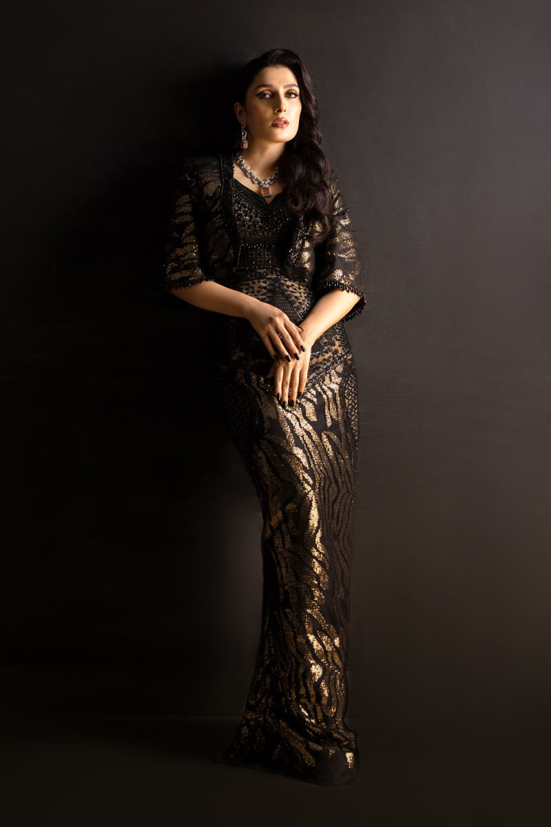 Black Sequinned Crystal Hand-Embroidered Gown (3-Piece) - Image 1