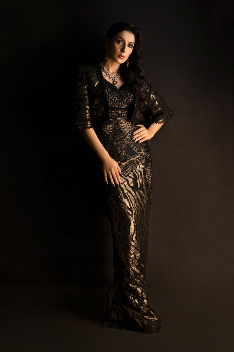 Black Sequinned Crystal Hand-Embroidered Gown (3-Piece) - Image 3