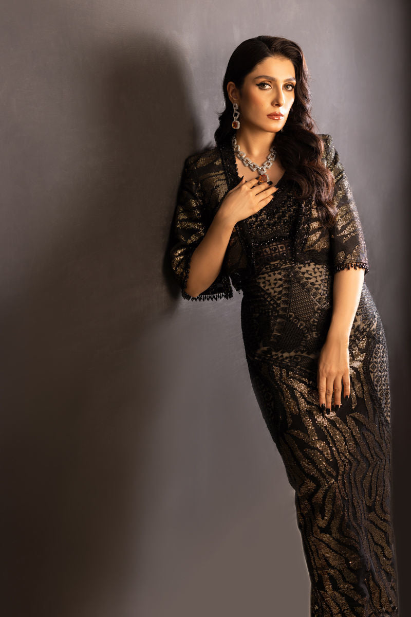 Black Sequinned Crystal Hand-Embroidered Gown (3-Piece) - Image 4