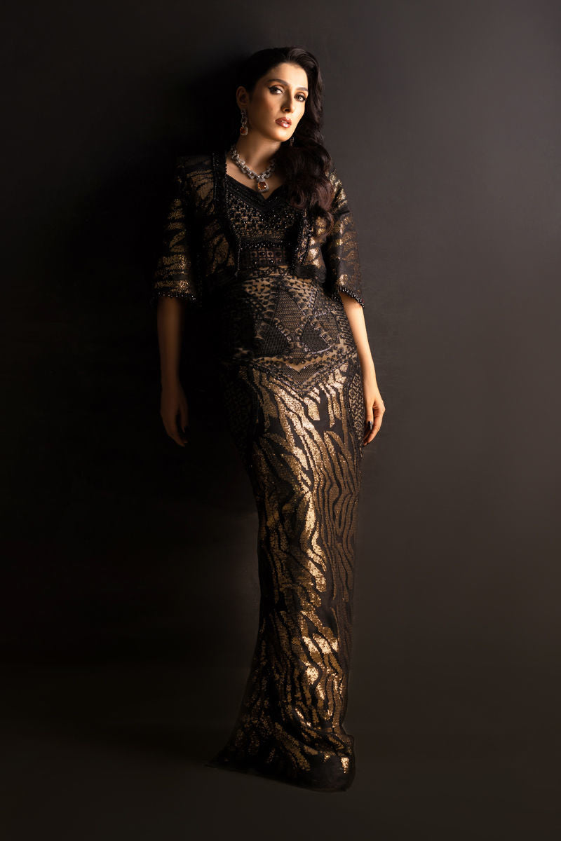 Black Sequinned Crystal Hand-Embroidered Gown (3-Piece) - Image 5