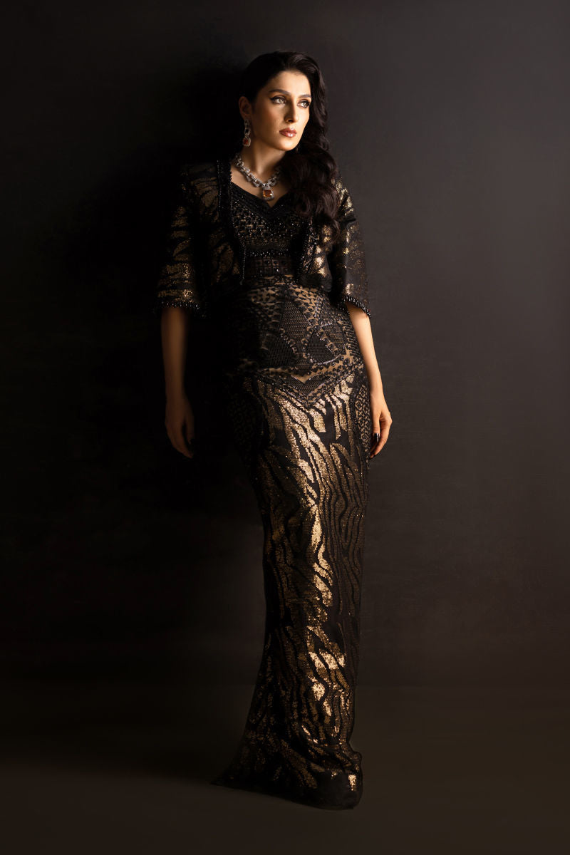 Black Sequinned Crystal Hand-Embroidered Gown (3-Piece) - Image 7