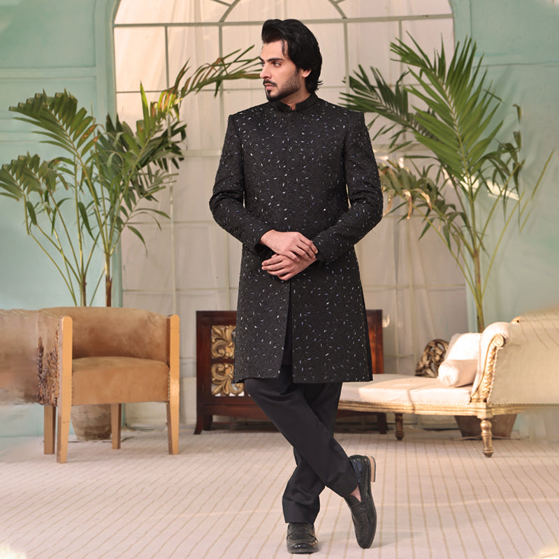 Black Hand-Embellished Silk-Blend Sherwani (2-Piece) - Image 1