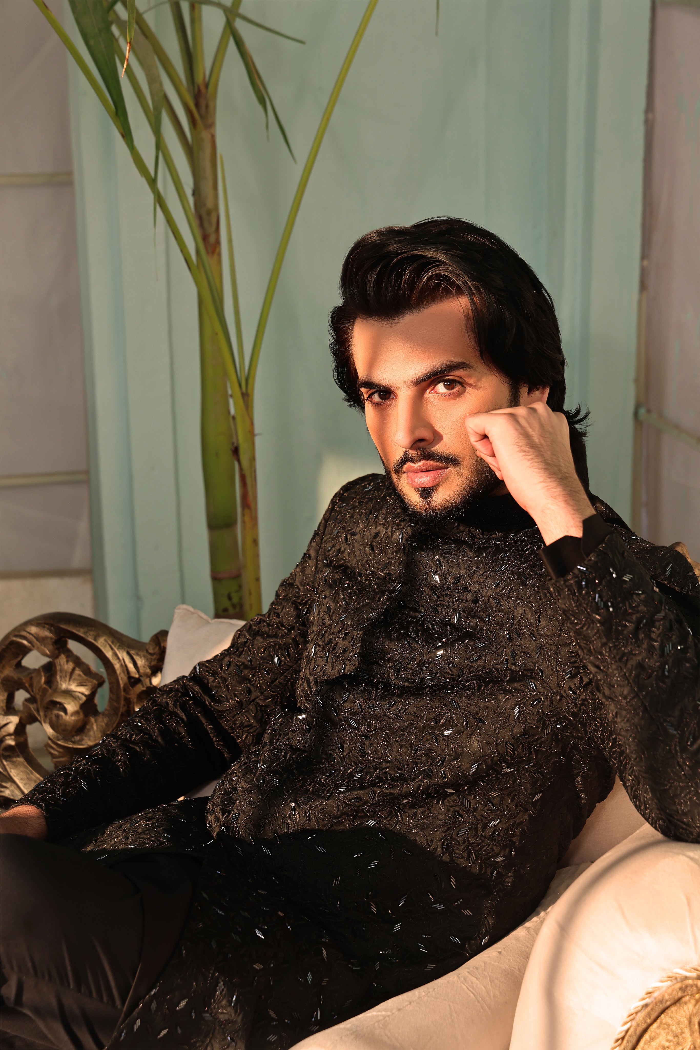 Black Hand-Embellished Silk-Blend Sherwani (2-Piece) - Image 2