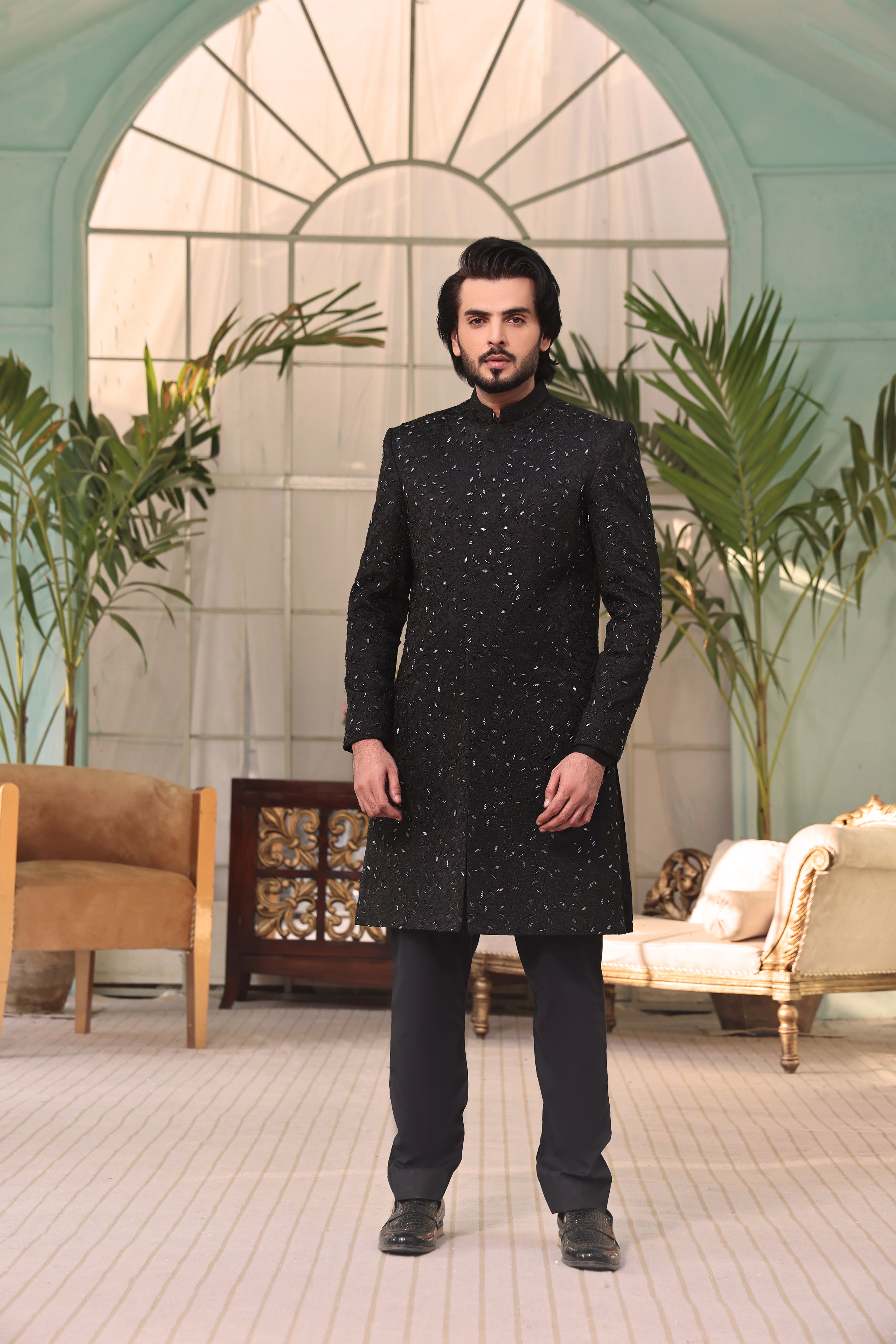 Black Hand-Embellished Silk-Blend Sherwani (2-Piece) - Image 3
