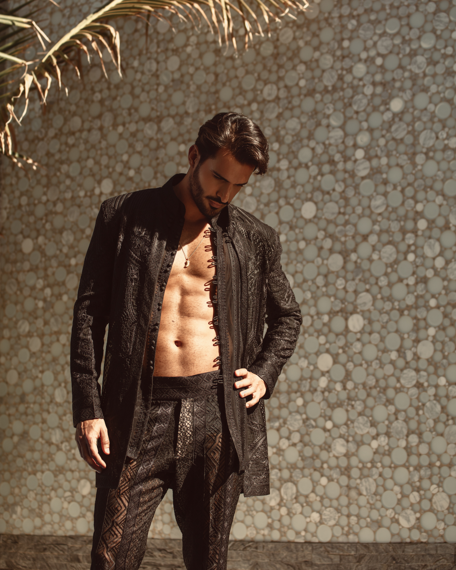 Black Textured Silk-Blend Sherwani Set (2-Piece) - Image 1