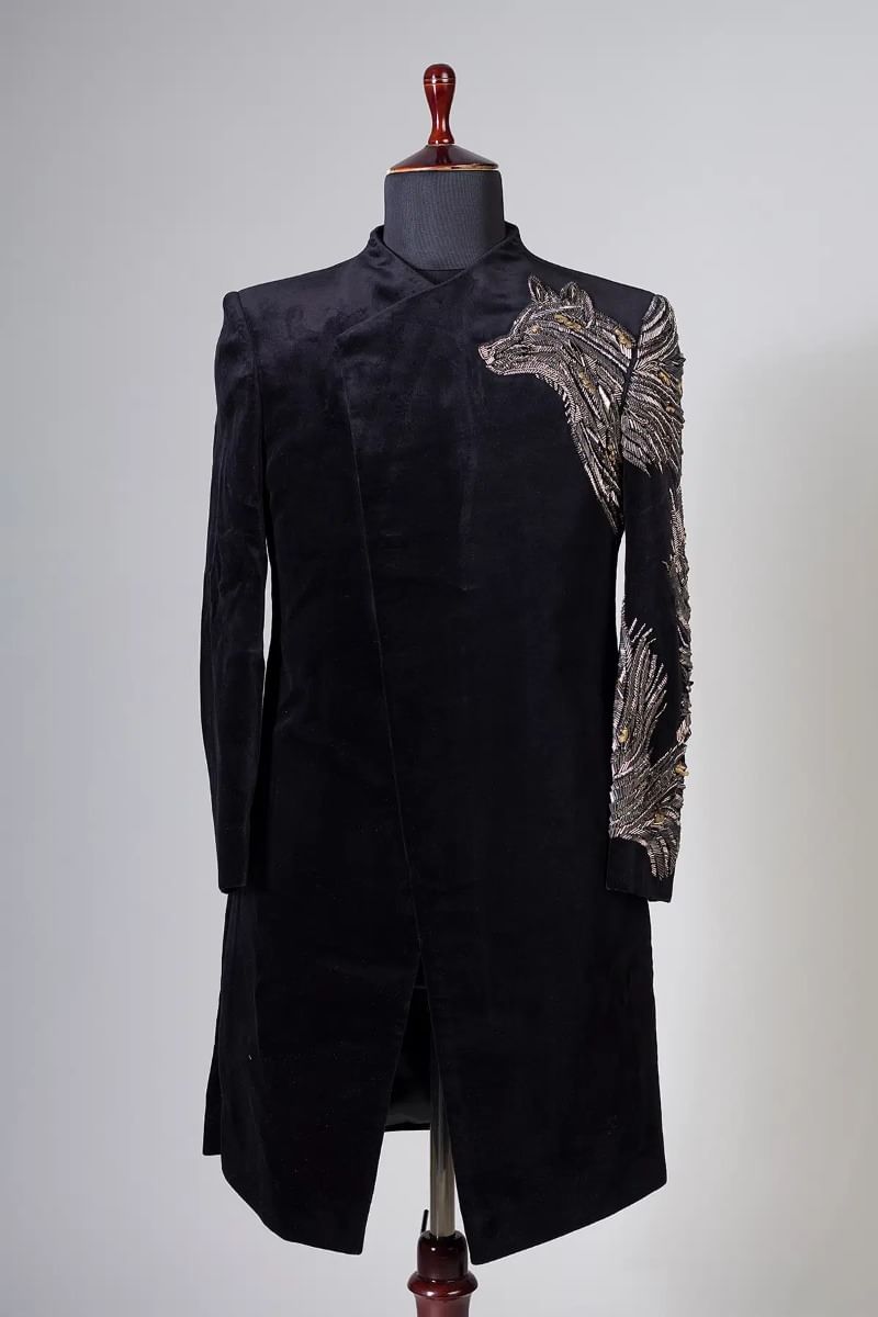 Black Suede Embroidered Indo-Western Sherwani (2-Piece) - Image 1