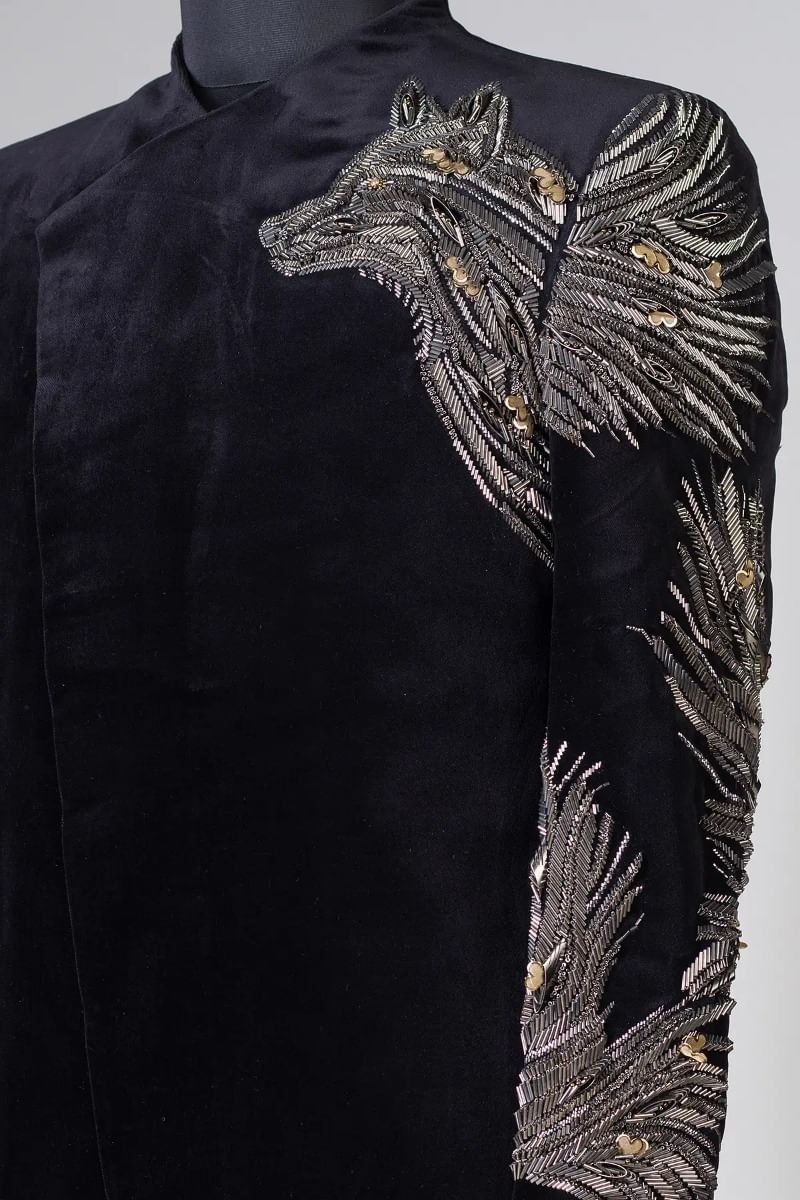 Black Suede Embroidered Indo-Western Sherwani (2-Piece) - Image 2
